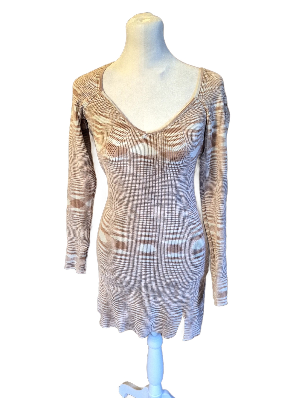 Altar'd State Tan & Cream Patterned Long Sleeve Knit Dress